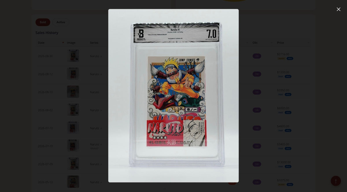 Sold copy of Naruto volume 1 graded by Beckett with the correct Obi in the BGS Price Tracker sales history